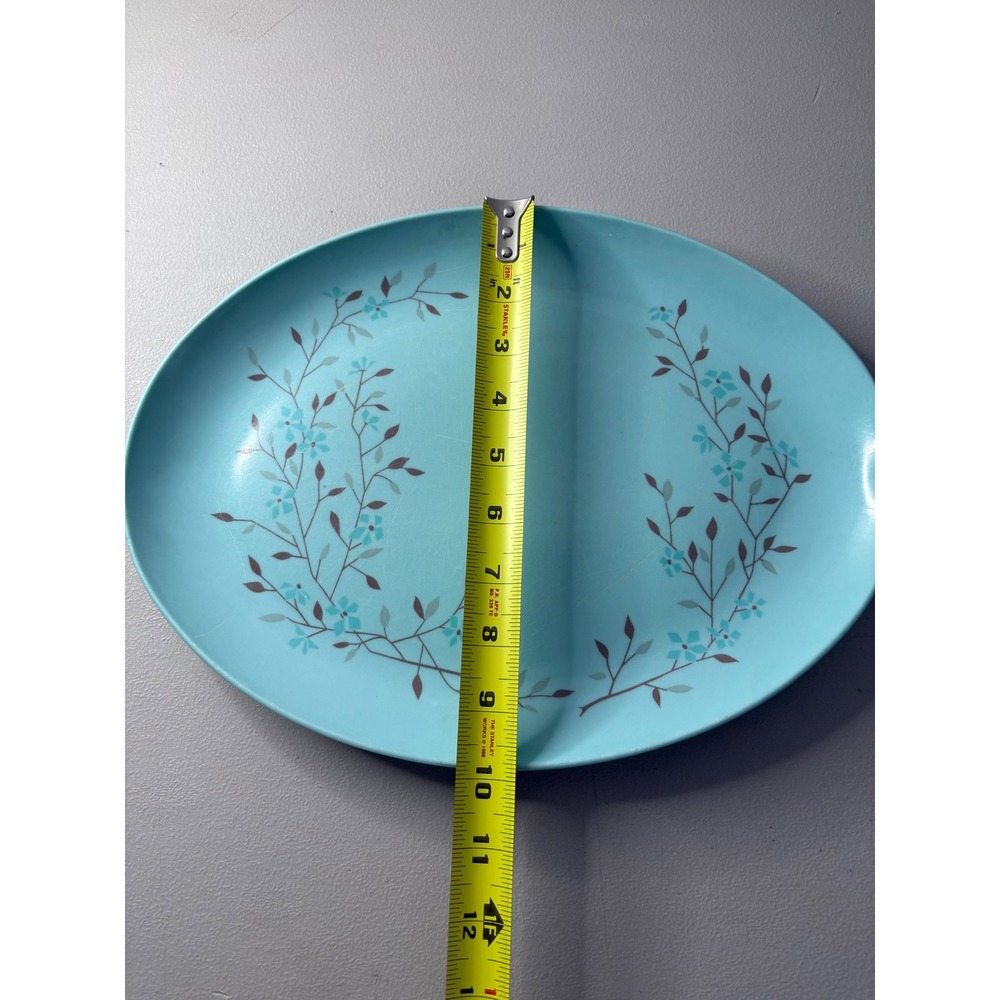 VTG Melamine Turquoise Blue Floral Oval Serving Platter Mid Century Modern - Picture 6 of 7